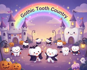 group of cheerful teeth characters dressed in costumes celebrate in Gothic Tooth Country with a castle in the background. The scene is bright with a rainbow lanterns and pumpkins.