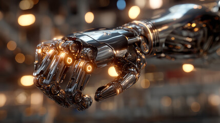 A detailed close-up of a futuristic robotic hand with glowing elements, showcasing advanced technology and intricate mechanics against a blurred background.