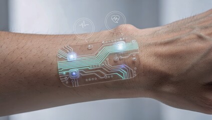 Human wrist wearing a futuristic flexible e-skin sensor patch.