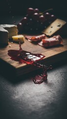 Red Wine Spilling Onto Wooden Cutting Board with Assorted Cheeses and Cured Meats in Dim Lighting