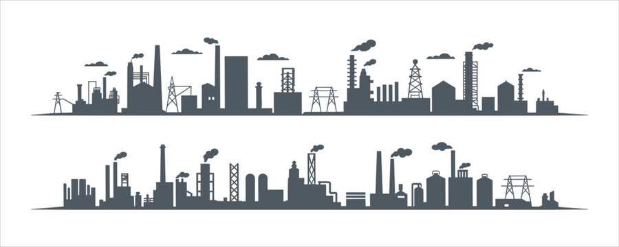 Silhouette Of Industrial Factory Skyline With Smoke Stacks And Power Lines industry
