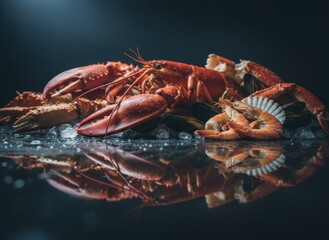 Artistic Seafood Platter With Cooked Lobsters And Shrimp On Crushed Ice With Dark Moody Lighting And Reflective Surface