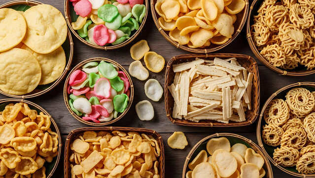 An overhead flat lay of a traditional market selection of Indonesian crackers krupuk of various shapes and colors in woven baskets.