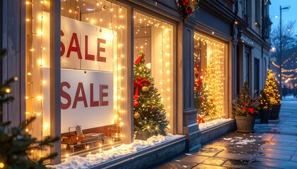 Brightly Lit Store Window Display Advertising a Holiday Sale
