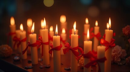 Romantic candlelight with red ribbons on white candles