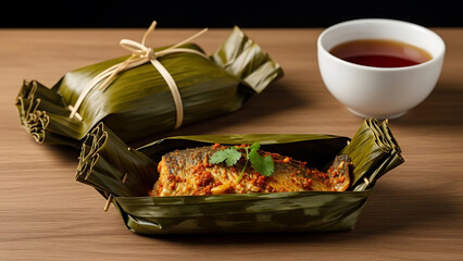 A serene and beautiful shot of Pepes Ikan fish steamed in banana leaf unwrapped to reveal the fragrant spiced fish inside on a wooden table.