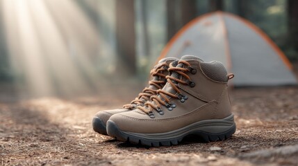 Naklejka premium Adventure Ready Hiking Boots in Serene Forest Setting with Camping Tent and Soft Sunlight Filtering Through Trees