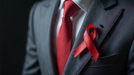 Man in suit with red awareness ribbon on lapel supporting health cause