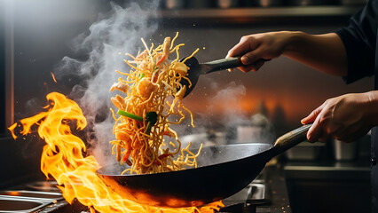 An action shot of Mie Goreng fried noodles being tossed in a wok with flames, ingredients like chicken, shrimp, and vegetables visible in high-energy restaurant kitchen lighting.