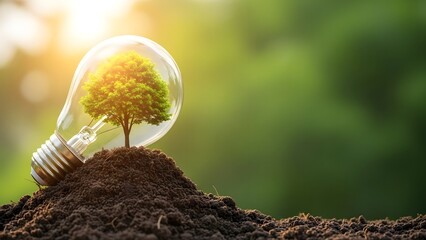 Sustainability concept with a transparent lamp containing a green tree representing renewable energy, environmental innovation, ecological growth, and a conscious future.