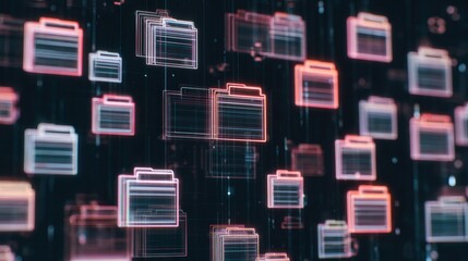 Abstract network grid with files and folders, futuristic software interface, digital document management system, store, search and organize documents, corporate business, paperless office	
