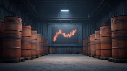 Industrial Storage Facility with Barrels and Stock Market Chart Displaying Fluctuations in a Dark and Modern Environment