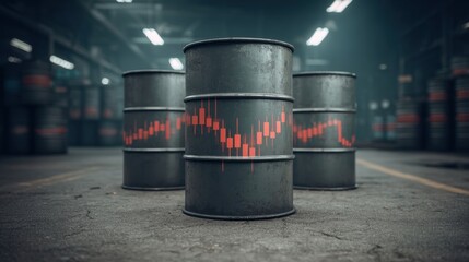 Vintage Industrial Scene of Metal Drums with Stock Market Trend Graph in a Warehouse Environment