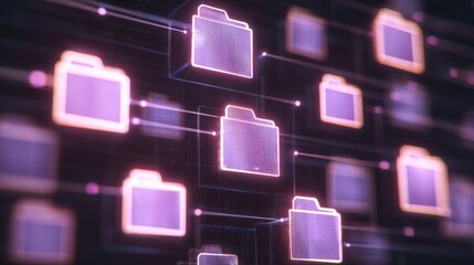 Abstract network grid with files and folders, futuristic software interface, digital document management system, store, search and organize documents, corporate business, paperless office	

