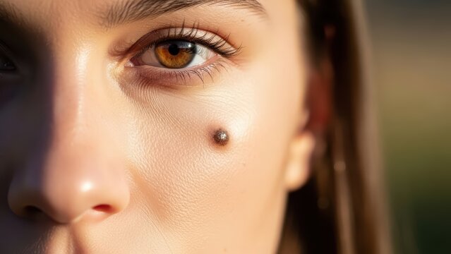 Close-up of female eye and facial mole in natural light