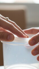Close up of two hands gently touching the lid of a clear plastic container with water droplets on the side bathed in soft natural light.