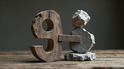 Wooden and stone sculpture on rustic wooden table