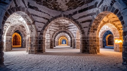 Ancient stone archways illuminated by warm light in a symmetrical underground tunnel
