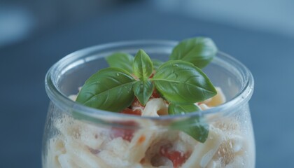 Close up of creamy pasta with fresh basil leaves in a clear glass jar with soft diffused lighting on a muted background