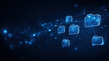 Abstract network grid with files and folders, futuristic software interface, digital document management system, store, search and organize documents, corporate business, paperless office	
