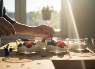 Sunlit Morning Preparation Of Yogurt Parfaits With Fresh Berries And Mint Leaves On A Wooden Table