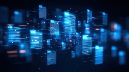 Abstract network grid with files and folders, futuristic software interface, digital document management system, store, search and organize documents, corporate business, paperless office	

