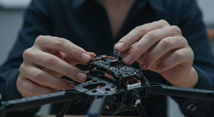 Engineer or technician assembling a drone, working on the electronic circuit board and components.Concept of drone technology and electronic engineering.