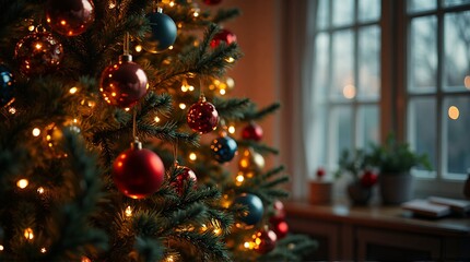 Cozy Christmas tree with vibrant ornaments and warm lights