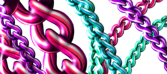 Interlocking chains of vibrant colors including magenta, teal, and purple dominate the image