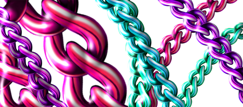 Interlocking chains of vibrant colors including magenta, teal, and purple dominate the image - Powered by Adobe