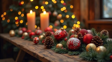 Cozy Christmas scene with candles and ornaments on wooden table
