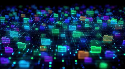 Abstract network grid with files and folders, futuristic software interface, digital document management system, store, search and organize documents, corporate business, paperless office	
