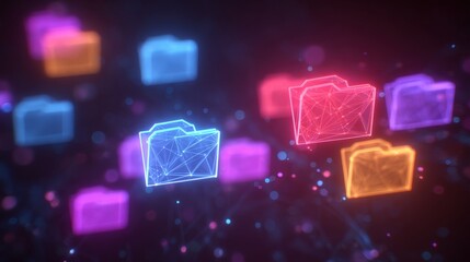 Abstract network grid with files and folders, futuristic software interface, digital document management system, store, search and organize documents, corporate business, paperless office	
