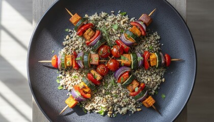 Four Vegan Vegetable and Tofu Skewers Arranged Artfully on a Bed of Grains With Fresh Parsley Garnish on a Dark Textured Plate With Natural Sunlight.