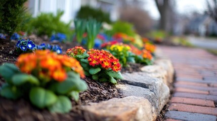 Colorful flowers bloom in a garden along a brick pathway during springtime
