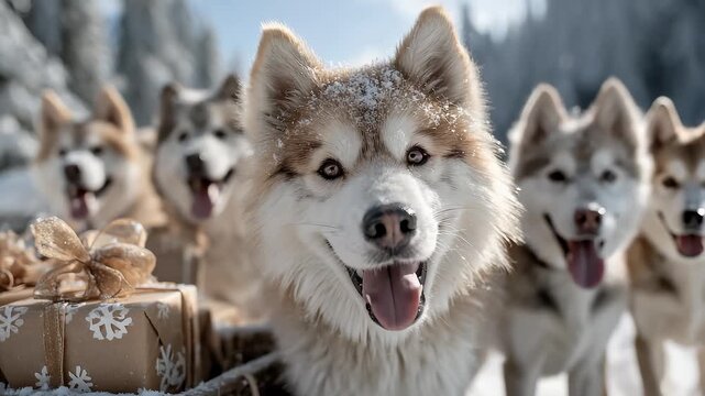 Huskies and Gifts in Snowy Christmas Spreading Holiday Cheer