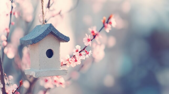 Birdhouse hanging on a tree branch with pink flowers in spring season