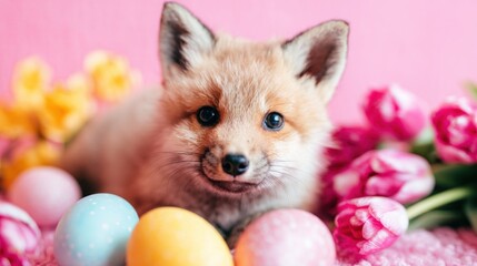 Cute fox among colorful eggs and flowers during spring season celebration