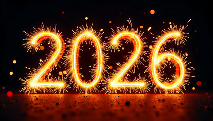 A vibrant, fiery “2026” formed by glowing orange sparks against a dark, 32K Resolution