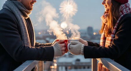 Cozy couple sharing warm drinks on a balcony with a city view at sunset