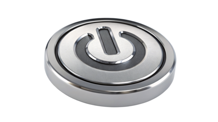Round metallic power button icon with a brushed texture and a subtle bevel edge ,isolated on transparent background