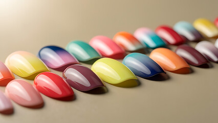 Obraz premium Colorful nail polish samples displayed in a row on beige background 