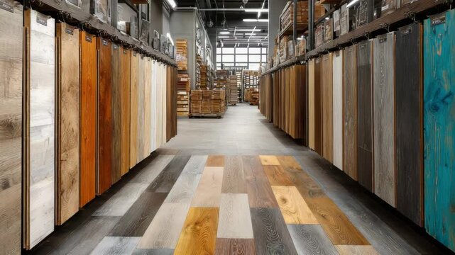 Rows of assorted laminate flooring and wood parquet samples standing on display shelves in a large hardware store showroom, showing various colors and textures for home renovation