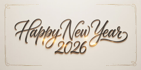 Elegant Happy New Year 2026 greeting with gold script and subtle sparkle on a clean white background, festive and joyful design