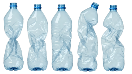Collage of Recyclable Plastic Beverage Bottles Showing Different Stages of Crushing