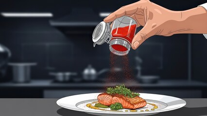 Chefs Hand Seasoning a Delicious Salmon Dish in a Modern Kitchen Setting.