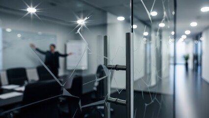 Modern Office Interior with Glass Walls and Blurred Person.