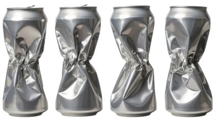 Four Crushed Aluminum Cans Isolated on White Background Recycling Concept