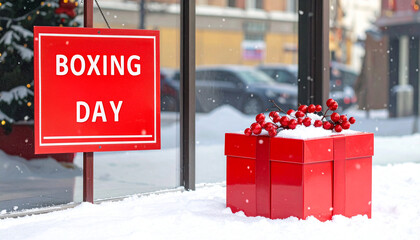 Boxing Day Sale Sign and Gift Box in Snow