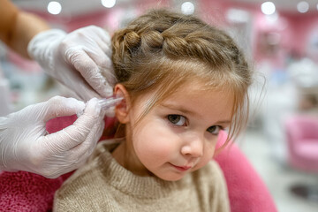 Close-up of a young girl, aged 4-7, while a doctor in sterile gloves examines her ear during a pediatric medical appointment.